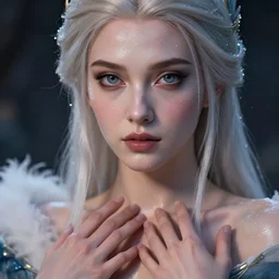 epic masterpiece snow queen, sweaty skin, hyperrealistic, octane render, cinematic, beautiful face and flawless skin, perfect hands, 5 fingers,  by Edgar Maxence and Ross Tran and Michael Whelan, Legends of Runeterra