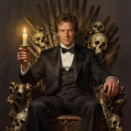 kelsey grammer, cinematic, on a throne of skulls, holding a candle, elegant, highly detailed, digital painting, artstation, smooth, hard focus, illustration, art by jessica rossier and and brian froud