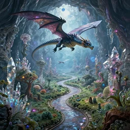 an dragon flying in epic elite masterpiece mysterious sci - fi matte painting of a winding path through crystal cave dream worlds with surreal crystal structures inspired by heironymous bosch's garden of earthly delights, surreal lush landscapes by asher durand and cyril rolando and natalie shau and thomas kinkade, insanely detailed and intricate, elegant, subterranean galaxy