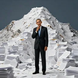 obama nervously standing next to a mountain made of papers, photorealistic, intricate, 8 k highly professionally detailed, hdr, cgsociety