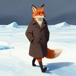an anthropomorphic fox man wearing a long coat walking across a glacier, hands in pockets, character illustration by Aaron Miller, Greg Rutkowski, thomas kinkade, Howard Pyle, disney, El Greco, Cynthia Sheppard