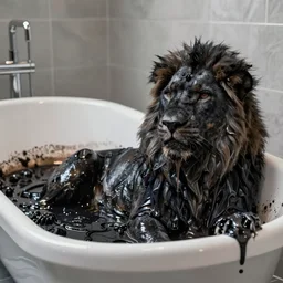 a black lioness made of tar, bathing inside the bathtub full of tar, laying on their back, dripping ferrofluid, drooling ferrofluid. dslr, photography, realism, animal photography, modern bathroom, photorealistic, v - ray, goo, tar