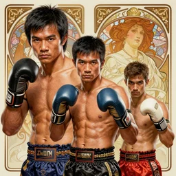 muay thai fighters, tony jaa, art by artgerm and greg rutkowski and alphonse mucha, portrait, highly detailed, digital painting, trending on artstation, concept art, sharp focus, illustration