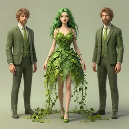 a girl with green hair, wearing a dress made of vines, Full-bofy plan, ultra detailed, by Tomasz Alen Kopera and Peter Mohrbacher