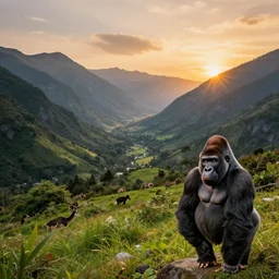 beautiful landscape mountains, valley, sunset light, lots of wildlife and a gorilla. Bob Ross.