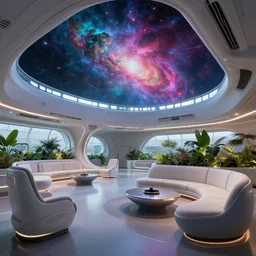 ultra modern concept design of a vast spaceship interior, futuristic chairs and sofas can be seen in the foreground, a large colorful nebula can be seen from a window, large plants in the background, in the style of Guardians of the Galaxy and Blade Runner and Ruan Jia, wide angle shot C 10.0