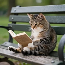 a cat reading on a park bench by greg rutkowski