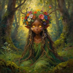 portrait of a magical forest dryad, brown skin like soil, flowers on heir cheeks, very big eyes, dressed in a green robe, colorful flowers growing from her head, branches growing as hair, glowing ember eyes, golden sunlight, queen of the forest, extremely detailed, realistic, photo by annie leibovitz, masterpiece, award-winning, mythological, mossy, grass, oil on canvas, soft colors, wide shot, very low angle photograph, simon stålenhag