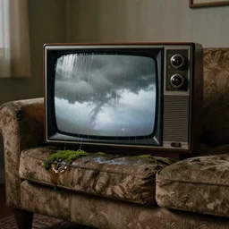 old television with storm clouds on the screen, water dripping, flooded 1 9 7 0 s apartment interior, couch, water damage, moss, iso 6 0 0