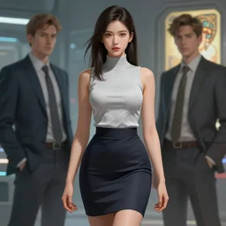 young attractive # business woman # in pencil miniskirt and sleeveless turtleneck, sci - fi, highly detailed, digital painting, artstation, concept art, smooth, sharp focus, illustration, art by artgerm and greg rutkowski and alphonse mucha