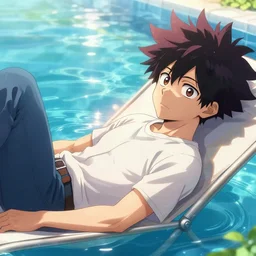 closeup portrait of ochaco uraraka from my hero academia relaxing in jeans and a t - shirt on a floating pool chair, sunny, bright, reflections, intricate, sharp focus, lens flare, bloom, illustration, highly detailed, digital painting, concept art, matte, art by ruan jia and wlop and greg rutkowski, masterpiece