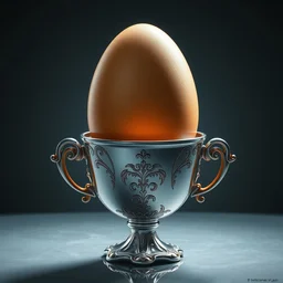 an egg in an egg cup, silver egg cup, head is an egg, head is vin diesel, hyper detailed, digital art, cinematic lighting, studio quality, by boris vallejo, android jones, artgerm, caravaggio