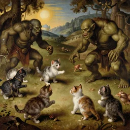 fantasy battlefield, cute kittens fighting orcs, fantasy intricate detailed, in style of caravaggio and reneisannce artists,