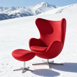 red wingback egg chair with ottoman on ski slopes