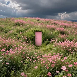 a square shape door in the middle of a hill full of endless grass and pink flowers, by caspar david friedrich