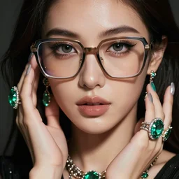 epic masterpiece portrait of a beauty,  big eyeglasses, makeup and jewelry, sweaty skin, hyperrealistic, octane render, cinematic, beautiful face and flawless skin, perfect hands, emeralds by Edgar Maxence and Ross Tran and Michael Whelan, Legends of Runeterra