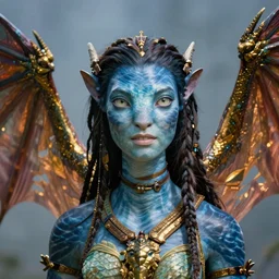 a stunning ultra detailed fantasy fine art portrait photo of a na'vi goddess from avatar movie with dragon wings, by tom bagshaw and natalie shau, arms made of dragon skin, golden ratio composition, 2 4 m lens, deep depth of field, perfect eyes and face, soft lighting, artstation, 8 k