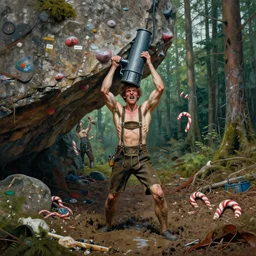 painting of clustered filth, everywhere, armless man in lederhosen, bouldering head, large pump not on for hood, knee - deep in mud in black forest, evil, angry, candycane arms by vincente b ballestar, by francesco blanc, & by jack gaughan high resolution, hyper detailed, cinematic, ornate masterpiece, shot on imax with full frame on