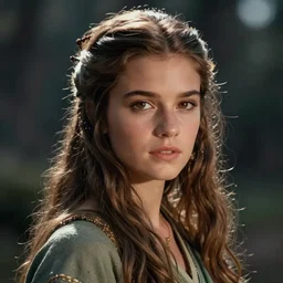 a realistic, very beautiful and atmospheric portrait of young brooke shields as a druidic warrior wizard looking at the camera with an intelligent gaze by rebecca guay, michael kaluta, charles vess and jean moebius giraud
