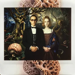 instax of American Gothic from Vogue editorial fashion photography, dressed by Givenchy and Salvatore Ferragamo, haute couture painted by Andrea Pozzo, still frame of Pan's Labyrinth and Prometheus by Guo Jian and Yue Minjun, in lush brain coral femur by Javier Medellin Puyou