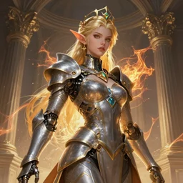 Alluring Elf Princess knight, Futuristic Cyborg goddes. By Frank Lloyd Wright, concept art, inrincate, sharp focus, digital painting, unreal engine, cgsociety, neoclassical, mech, robot, fractal flame, cinematic, overwatch skin, highly detailded