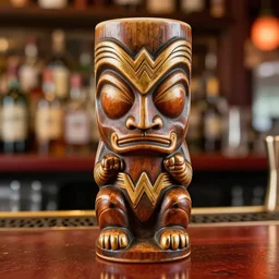 a closeup photorealistic photograph of a wonder woman style tiki mug sitting on trader vic's bar. tiki culture. brightly lit scene. this 4 k hd image is trending on artstation, featured on behance, well - rendered, extra crisp, features intricate detail, epic composition and the style of unreal engine.