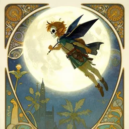 The legend of Zelda Majoras Mask Skull Kid flying in front of the bright moon during the night, beautiful art nouveau in the style of alphonse mucha