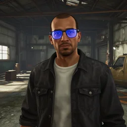 a strange man with blue glasses reflecting the light, in front of a disused warehouse, video game, 3 d, 8 k, gta