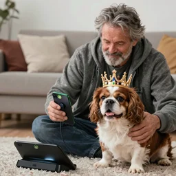 Buddy the graying middle aged homeless man playing xbox and petting King Chales the english bulldog wearing a crown, dog wearing a crown
