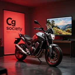 a motorcycle parked in a room with a red light, a computer rendering by hendrick cornelisz vroom, featured on cg society, photorealism, vray tracing, ray tracing, octane render