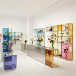 flower retail store, minimal, stainless steel and color glass, frame magazine, archidaily, bright light enviroment, contemporary art and sculpture of flower, trending on artstation, octane rendering