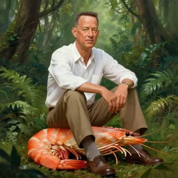 Tom Hanks as forrest gump sitting on a giant shrimp in the jungle, realistic digital painting, in the style of Taeyoung Choi, photoreailstic, realistic face, amazing detail, sharp