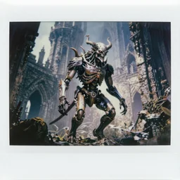8 0 s colour photograph artistic polaroid of highly detailed biomechanical demon in demon's souls dark souls castle ruins, soft lighting insanely detailed by luis royo, giger, beksinski, todd mcfarlane, lotr, soft lighting, particle fx renderer photorealistic