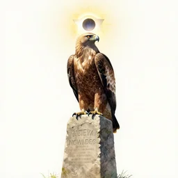 a stone monument of a buzzard with a solar eclipse behind it, ominous, watercolor painting