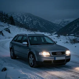 Audi A4 B6 Avant (2002), a gritty neo-noir, dramatic bright lighting, cinematic, establishing shot, extremely high detail, photorealistic, cinematic lighting, artstation, by simon stalenhag, Snowy mountain road, At night