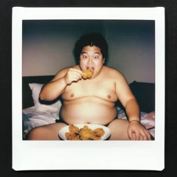 fat ryu startled to be caught eating fried chicken in his bedroom, eighties polaroid, flash photography, photorealistic, kodachrome