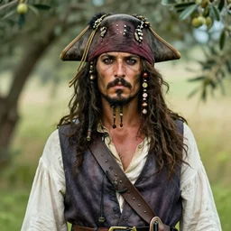 an award winning outdoors portrait photo of a 1 7 0 0 s dirty greek olive tanned pirate woman with black smooth hair, slightly big nose, blue eyes, wearing a vest and ropes, sunset, movie color graded
