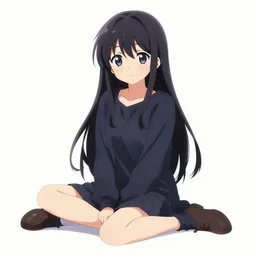 anime girl, full body shot, sitting down, plain white background