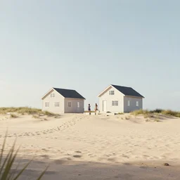 a couple of small houses sitting on top of a sandy beach, a digital rendering by christian hilfgott brand, featured on dribble, photorealism, rendered in unreal engine, vray tracing, physically based rendering