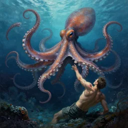 a dream fantasy painting of a giant octopus in the deep of the ocean attack a man, by beksinki, giger, greg rutkowski, carne griffith trending on artstation, deviantart, photorealism