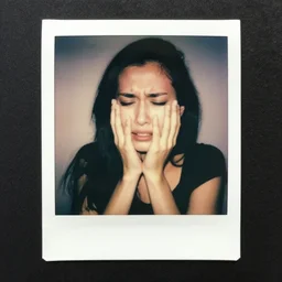 portrait of woman, agonizing pain. photo. polaroid type 6 0 0