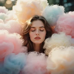 A vintage analog head and shoulder frontal face portrait photography of a beautiful woman surrounded by thousand fluffy soft giant oversized pastel colorful cotton balls all around by Mark Owen. Long hair. Vogue. Closed eyes. Kodak Portra 800 film. shallow depth of field. (Depth of field). whirl bokeh!!. Golden hour. detailed. hq. realistic. warm light. muted colors. Filmic. Dreamy. lens flare. Mamiya 7ii, f/1.2, symmetrical balance, in-frame