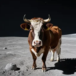 wide angle view, colored photo of a cow on the moon, wearing gold circlet on its head, photorealistic, 8 k