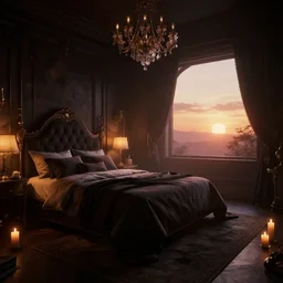 videogame screenshot of a dark dreamy luxury bedroom, candlelight, sunset glow, octane render, volumetric lighting, raytracing