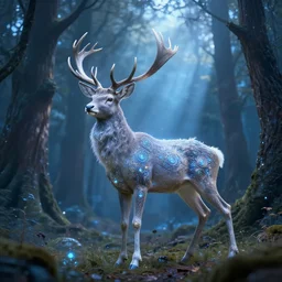 beautiful hyper realistic stag. elven woods, celestial highly detailed magic athmospher. beautiful highly detailed forest background. blue light. sunlight rays throught the trees. intricate, elegant, long shot 8 k rendering.