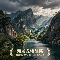 mountains, trees, dragon, and lake,