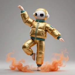 a single dancing slender figurine of a tall giant inflated space woman wearing over sized gold teal puffy bomber jacket, long bendy arms and legs, googly eyes, tareme eyes, small head, personification, dynamic pose, detailed product photo, tone mapped, beautiful composition, orange mist swirling at feet, 8 5 mm, f 5. 8