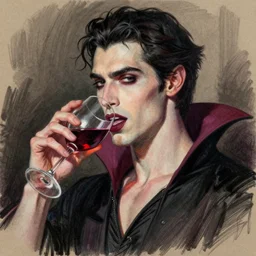 a pen drawing of a beautiful vampire drinking wine, in the style of Josh Bryan