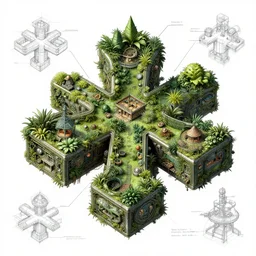 annotated highly, detailed and intricate 4 5 degree isometric cross, cabin full of plants, marker concept art style rendering, concept art, half blueprint, trending on artstation, intricate details, john berkey, vincent di fate, ralph mcquarrie, center frame, annotations, metalic green, kelsey grammer sketch