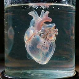 organic life forming with a cybernetic heart, translucent biological form : : 2 inside of the future glass container from syntetical glass, reflections, caustics : : 1 filmic, realistic, wet, prismatic, jellyfish : : 2 depth of field : : 1 closeup, wide angle, macro shot, microscopic, toned colors : : 1